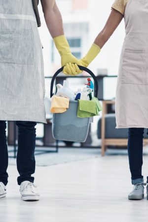 Personnel transportant des chiffons.